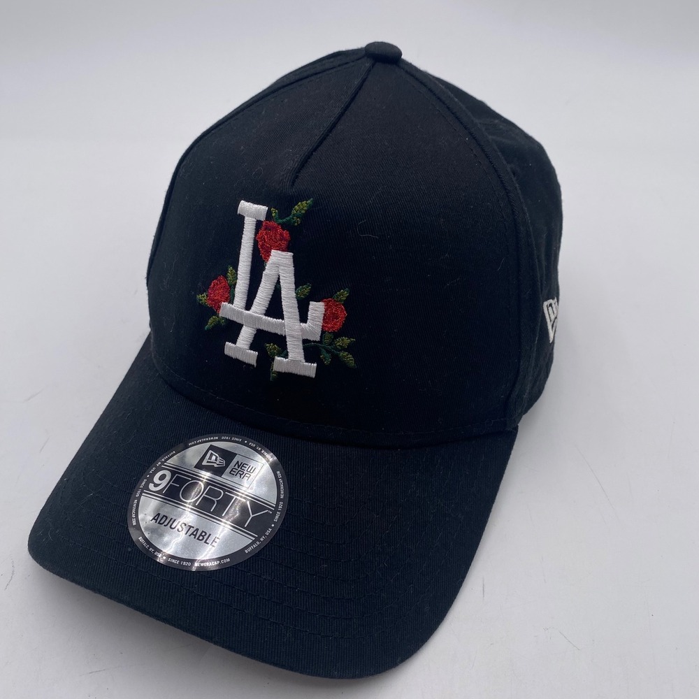 LA Dodgers New Era 9FORTY A-Frame Hat OSFM Black Rose Floral Logo Snapback Cap